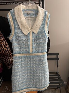 Mason Webster Light Blue Tweed Zip Front Dress with Ivory Collar